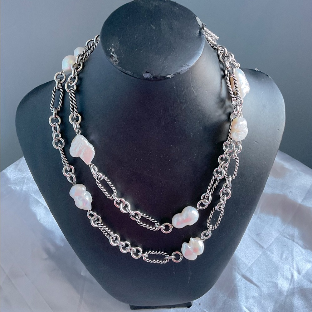 Single strand freshwater and silver chain by Doghouse Pearls
